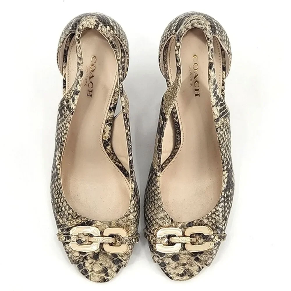 Coach Larchmont Natural Print Snake Wedge Women's Size 8 Leather Peep Toe Shoes